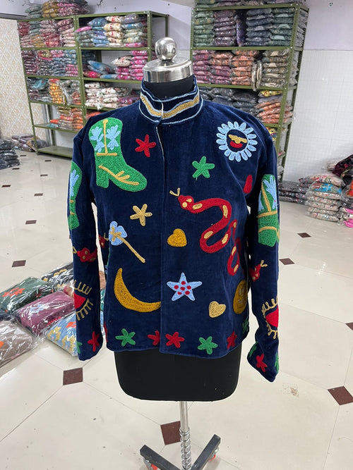 Blue Suzani Velvet Snake Embroidered Jacket